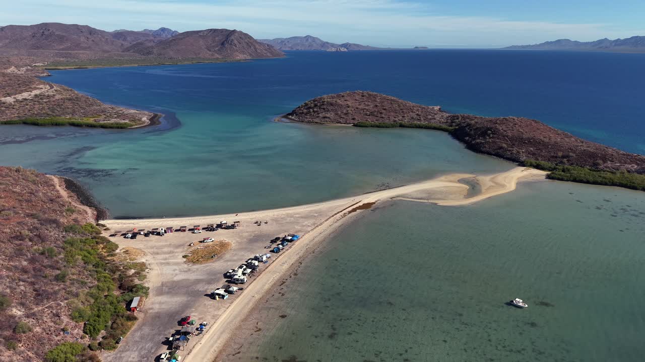 Aerial view of El Requesón beach in Baja California Sur, Mexico. One of the most famous and popular beaches for travelers visiting Baja California