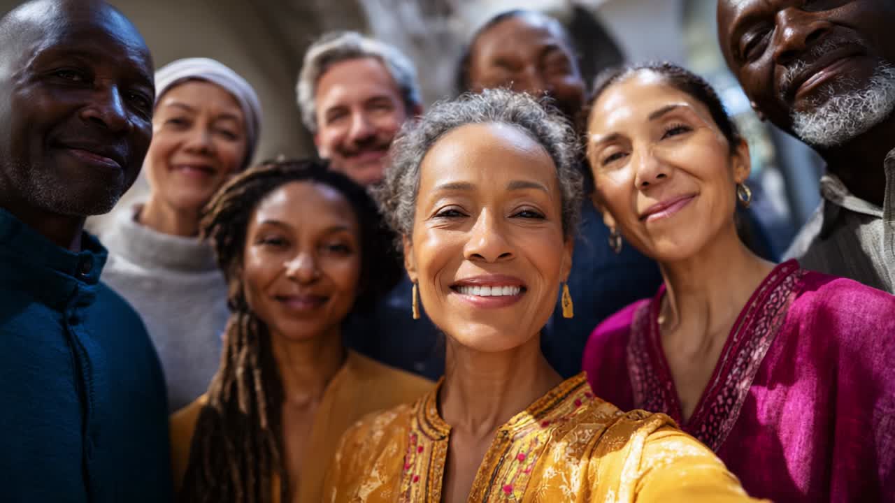 A joyful gathering of diverse individuals sharing smiles and connection, showcasing friendship and warmth through a celebratory group selfie that captures the essence of community and togetherness