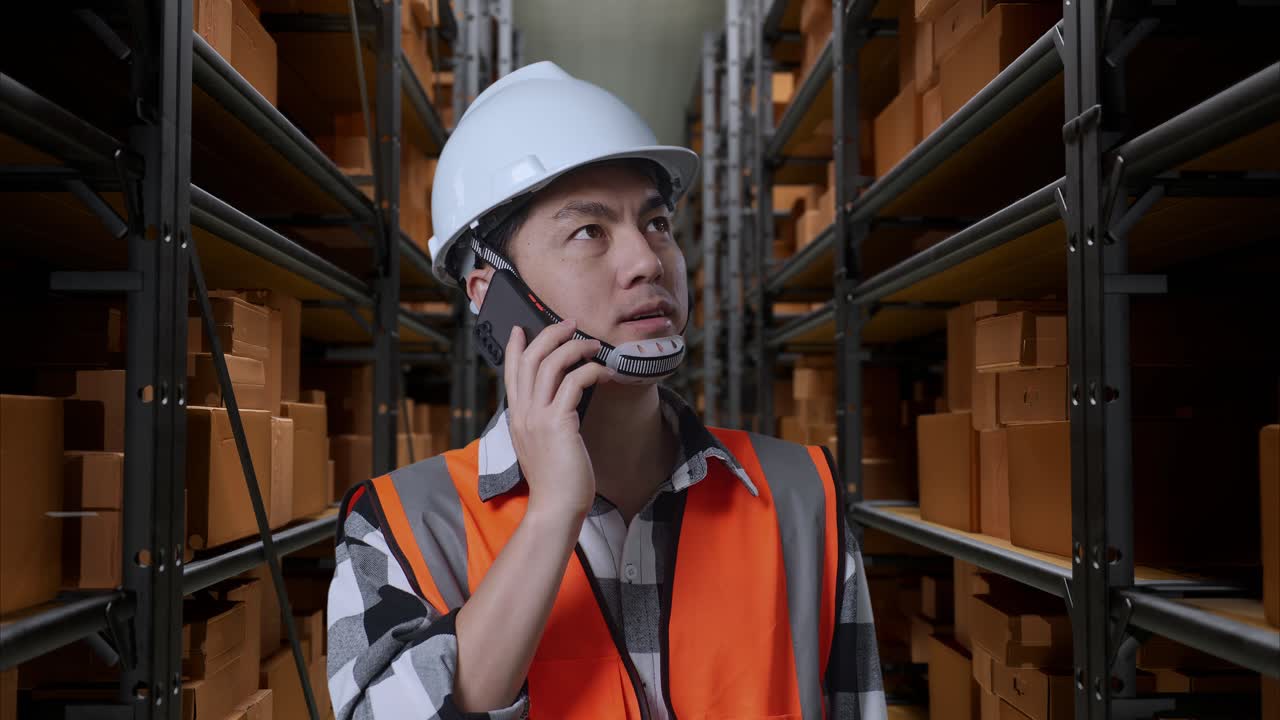 Close Up Of Asian Male Engineer With Safety Helmet Talking On Smartphone While Standing In The Warehouse With Shelves Full Of Delivery Goods