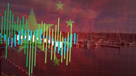 animation of financial data processing and flag of china over landscape