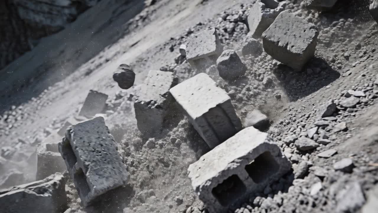 Skridende klynge af betonblokke og grus tumler ned ad stejl klippeskråning, støv stiger op
