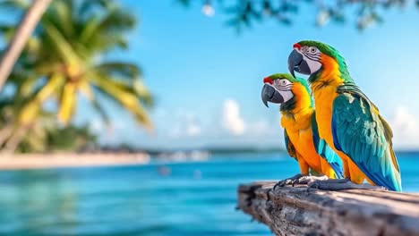 two colorful macaws on a tropical beach