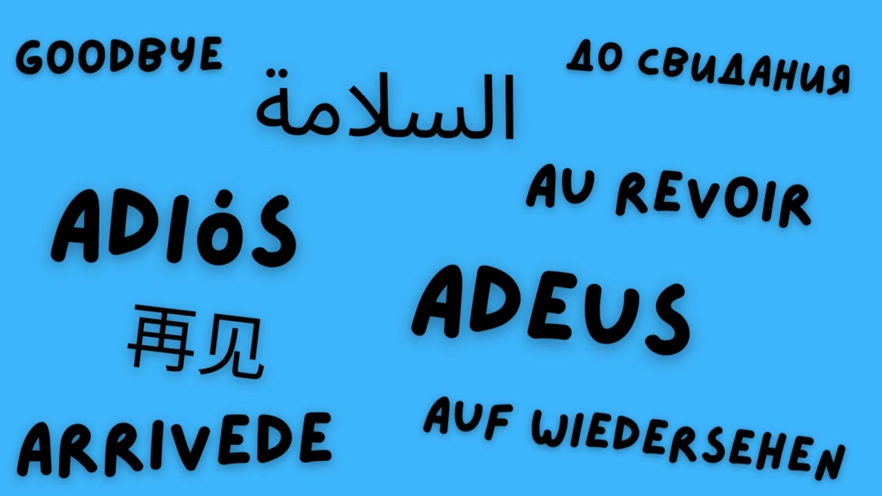 Goodbye bye animated outro kinetic animation text in multiple languages around the world blue background