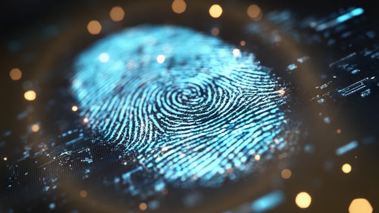 High-Tech Digital Fingerprint Representing Biometrics, Cybersecurity, and Authentication in a Futuristic Context with Glowing Particles and Data Elements
