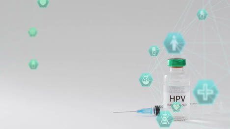animation of network of connections with icons over hpv vaccine on white background