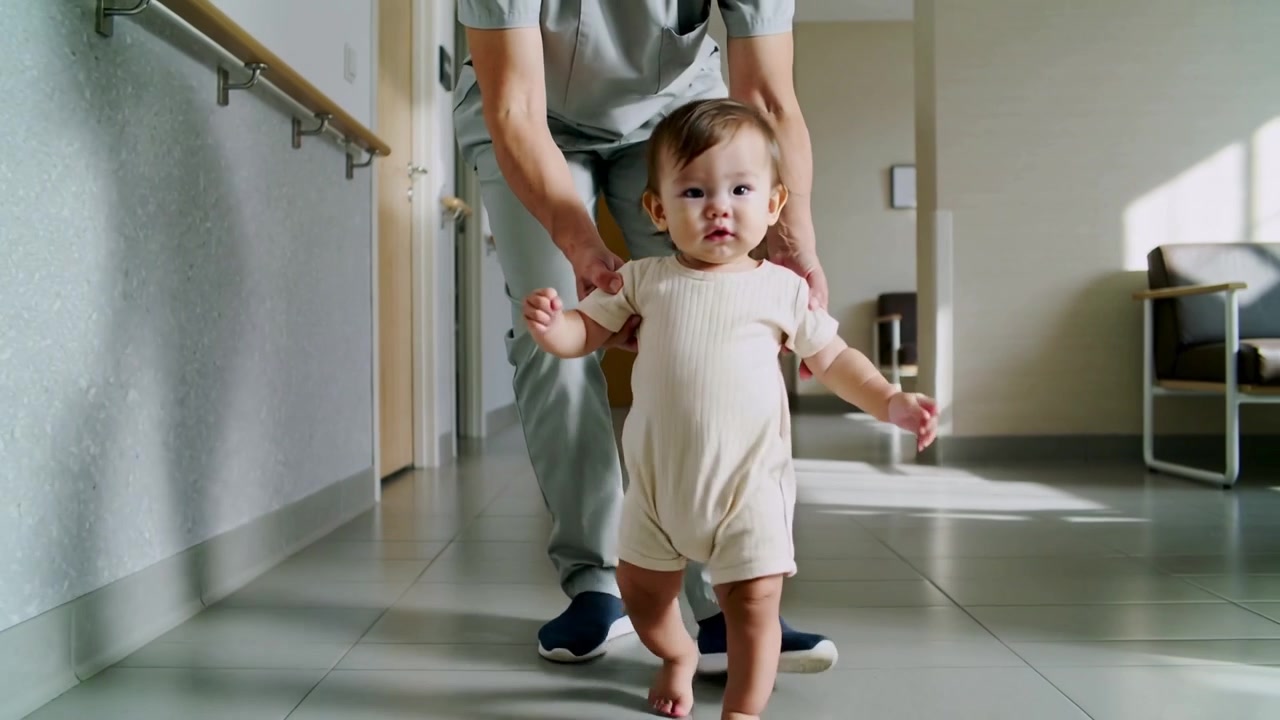 Guiding infant learning to walk down bright hallway, adult holding under shoulders, beige onesie