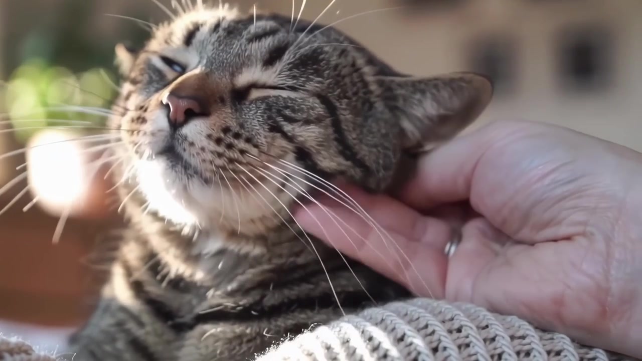 Seseorang Mengelus dengan Lembut Seekor Kucing Tabby yang Puas