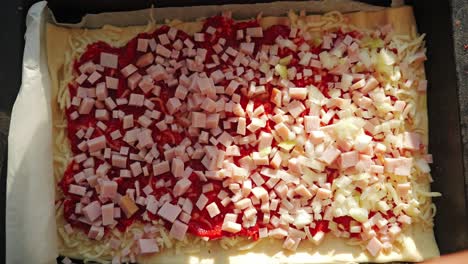 woman sprinkles onions on homemade pizza in golden hour kitchen lighting
