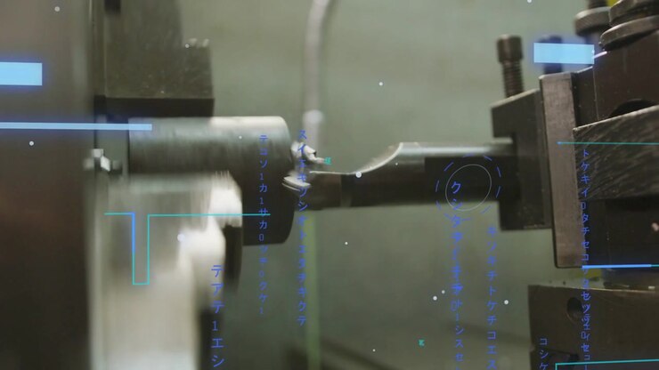 Pezzo e utensile che lavorano una scanalatura per profilare all'avvio, HUD blu, kanji verticali che mostrano i trucioli.