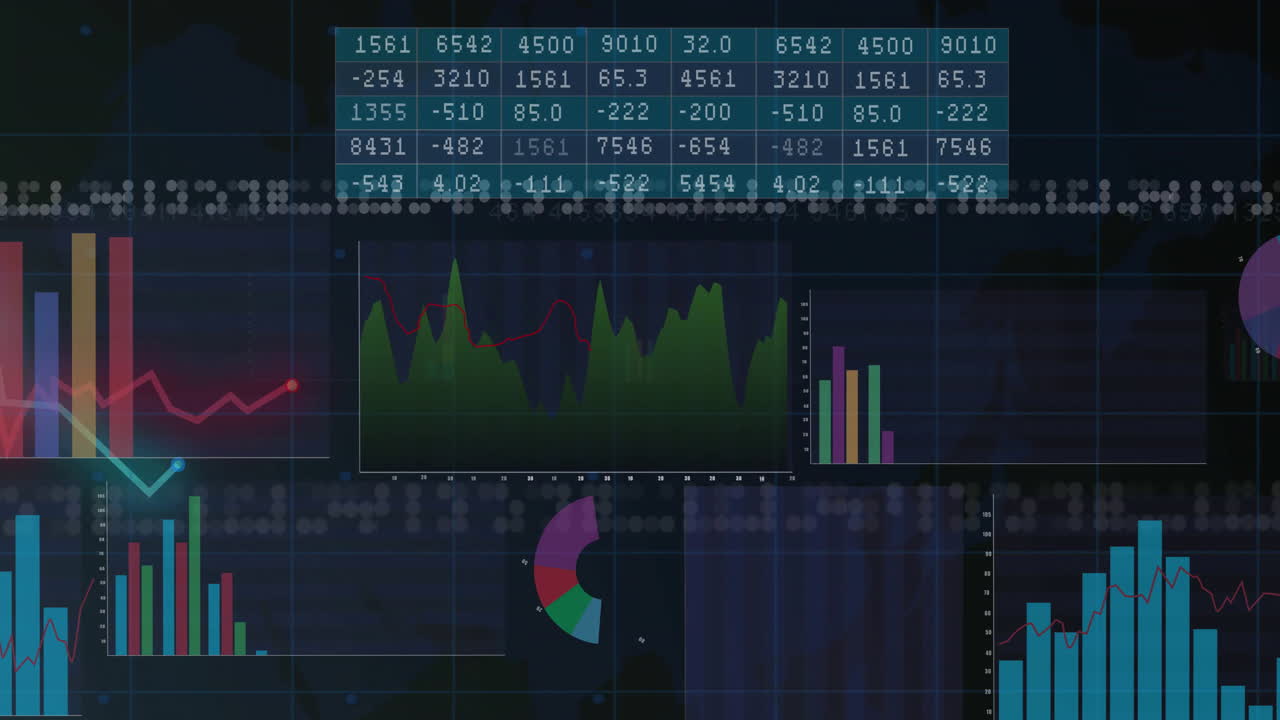 Animation of financial data processing over black background