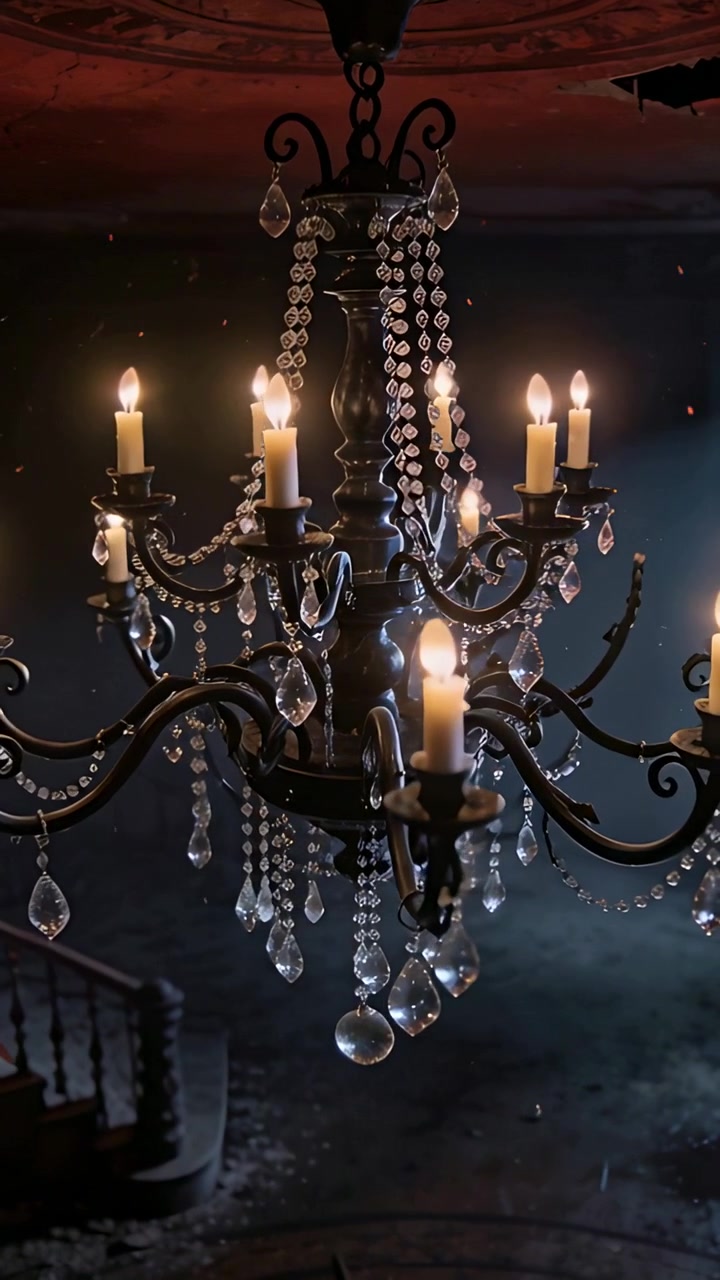 Video verticale: Telecamera in movimento rivela un lampadario, candele, cristalli, polvere sospesa e scale nell'ingresso.