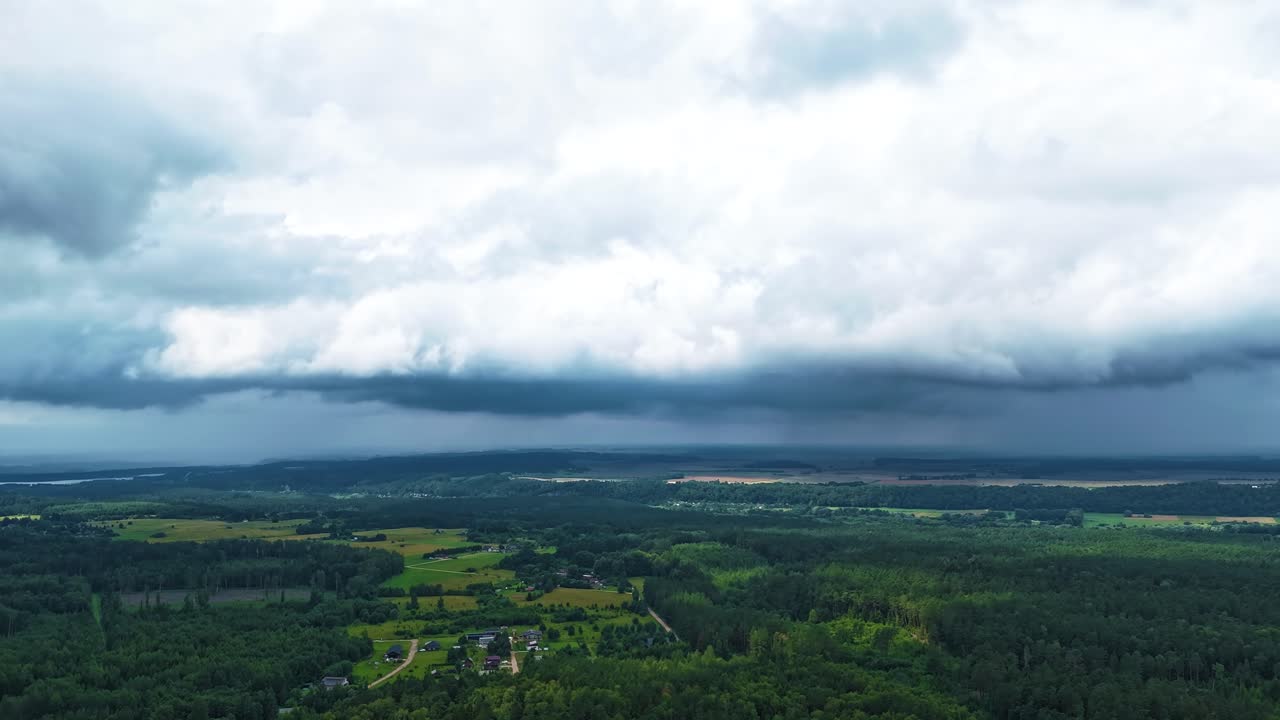 Dark storm clouds above Lithuanian landscape, time lapse view