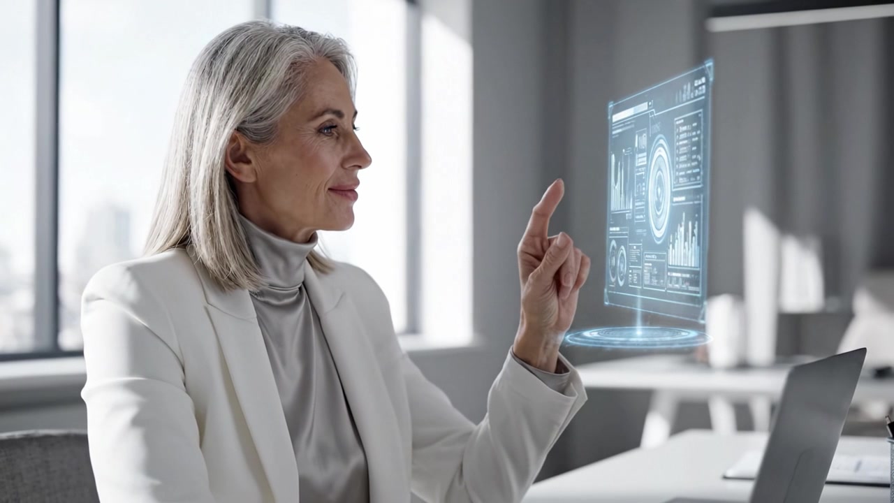 A mature woman engages with futuristic technology, displaying advanced data visualizations on a holographic interface in a modern office setting.