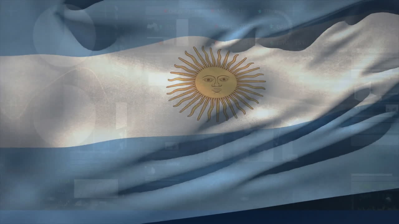 Animação de processamento de dados financeiros sobre a bandeira da Argentina