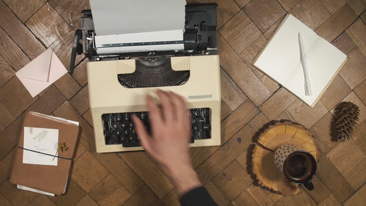 Vintage Typewriter and Coffee on Wooden Desk