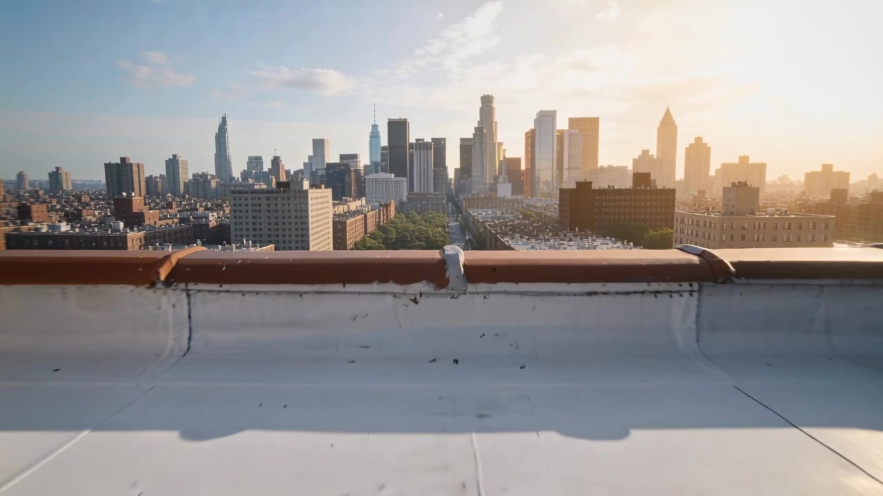 Pushing camera forward with dolly starting, revealing turbine vents on white roof, exposing skyline