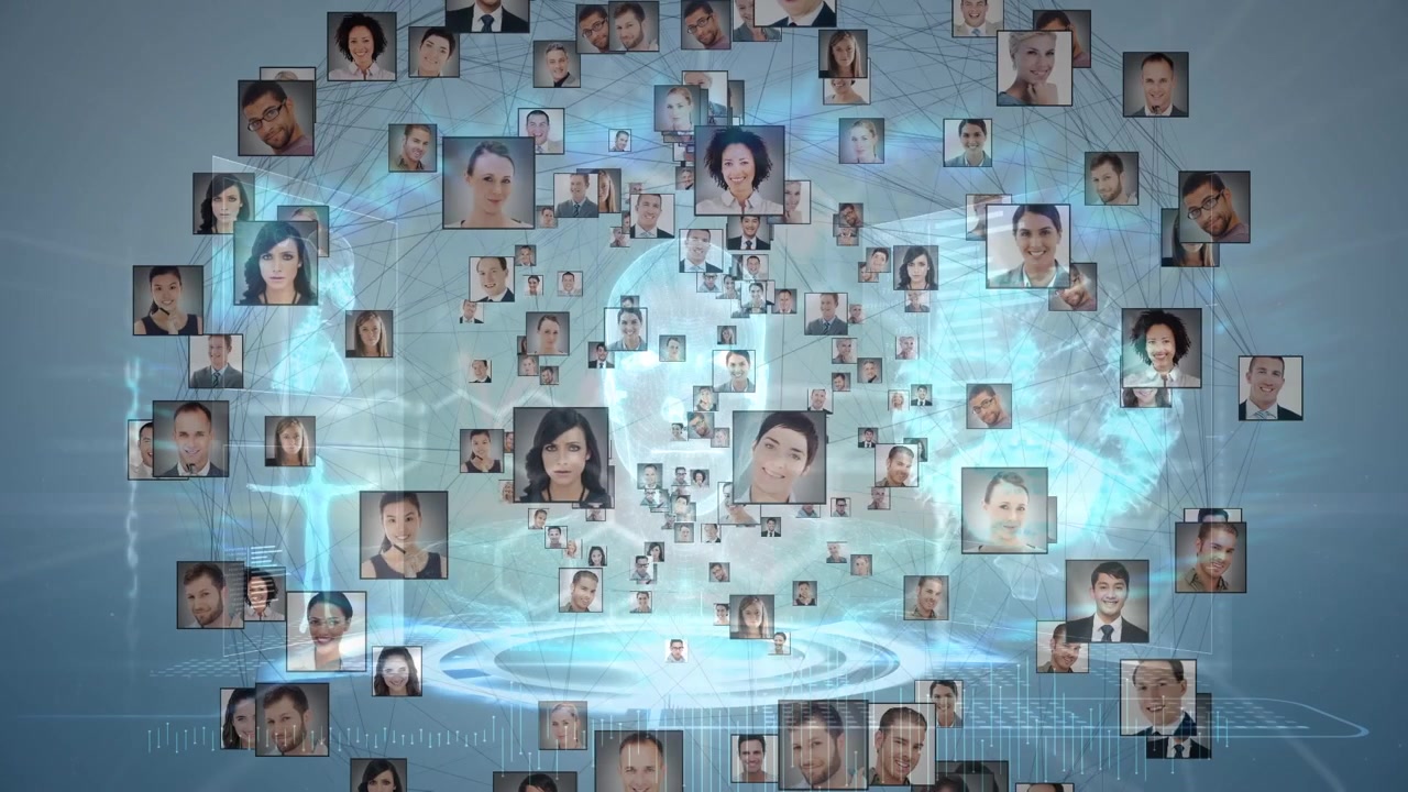 Animazione di connessioni con foto di utenti su dati scientifici.