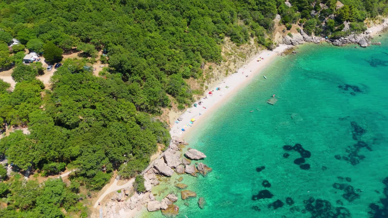 Campsite at Campig Skrila, Krk Island, Stara Baska Croatia, Aerial View of the Mountains and Coast With Boats, Beaches and Adriatic Sea. The Seaside Rv Campmobiles on a Summer Beautiful Coastline