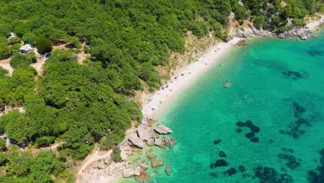campsite at campig skrila, krk island, stara baska croatia, aerial view of the mountains and coast with boats, beaches and adriatic sea. the seaside rv campmobiles on a summer beautiful coastline