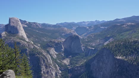 footage showing a panoramic pan from glacier point in yosemite national park, california. the scene features breathtaking views of yosemite valley, including nevada falls and vernal falls.