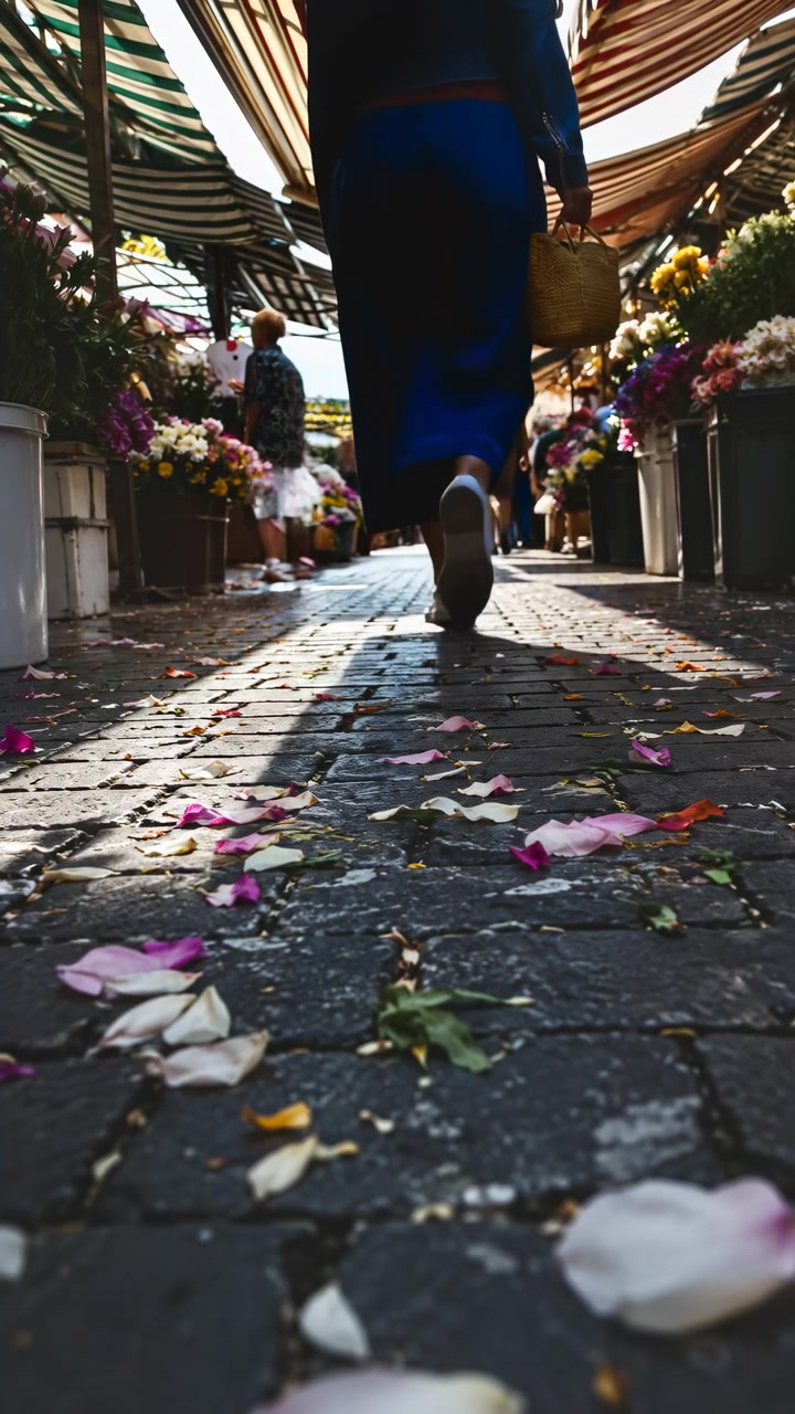 Una vista a livello del suolo mostra la figura che si addentra nello stretto passaggio del mercato, incorniciata da bancarelle di fiori, un telo ombreggiante a fantasia, la luce solare intensa e petali sulle pietre.