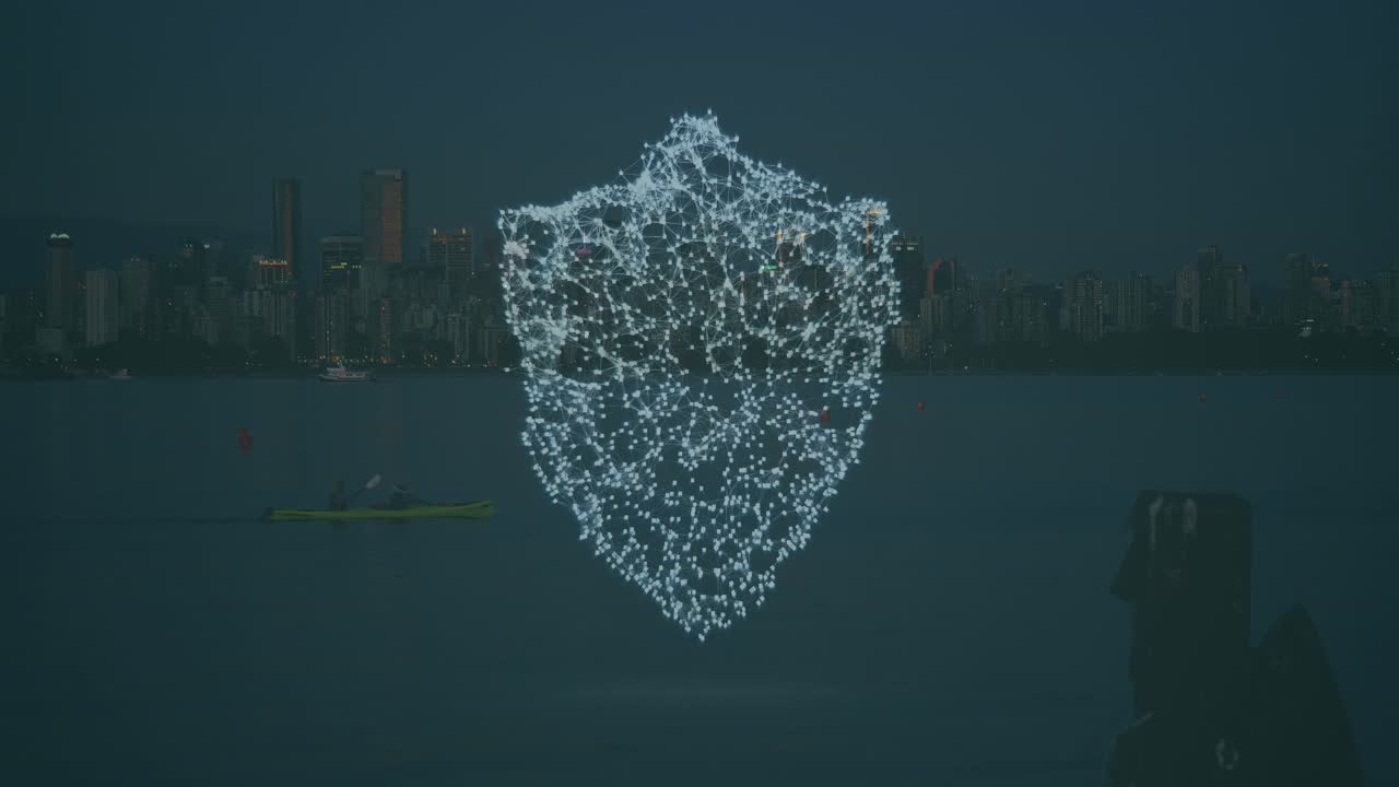 Animation of digital shield over cityscape