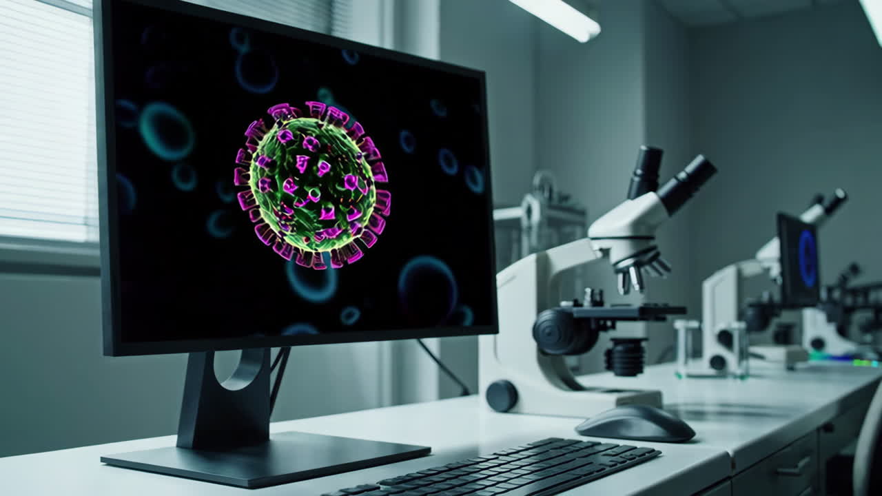 pantalla de computadora que muestra un modelo de virus en un laboratorio moderno