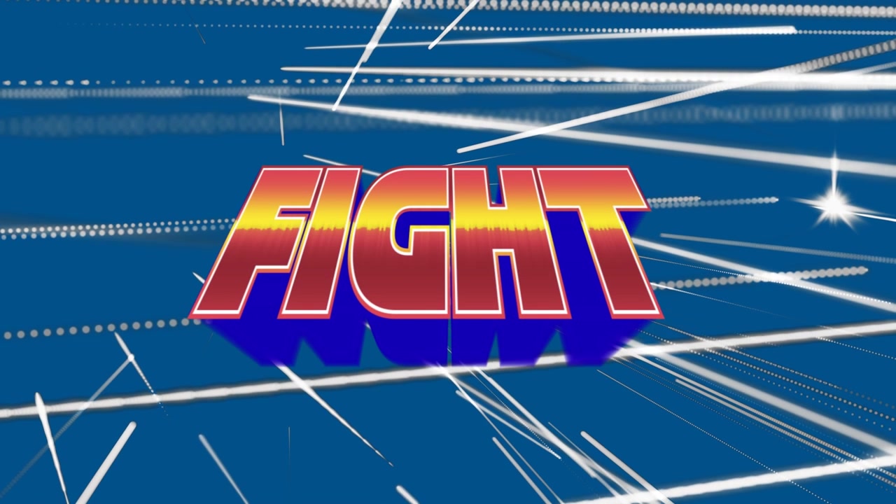 Animoitu 'Fight'-teksti liikkuvilla valojuovilla sinisellä taustalla