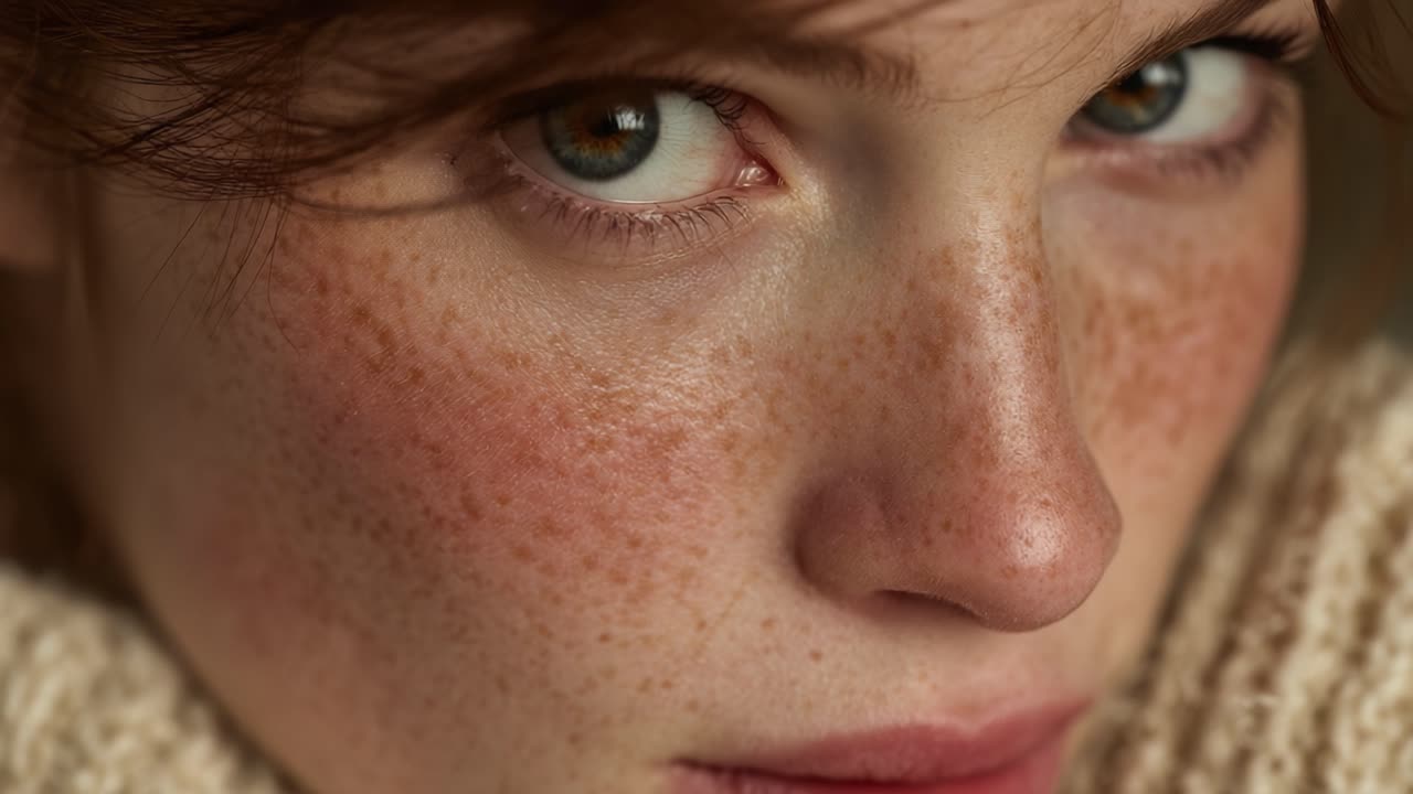 Captivating Close-Up of a Young Person's Face Highlighting Natural Beauty, Freckles, Reflective Eyes, and Warm Expression in Soft Lighting