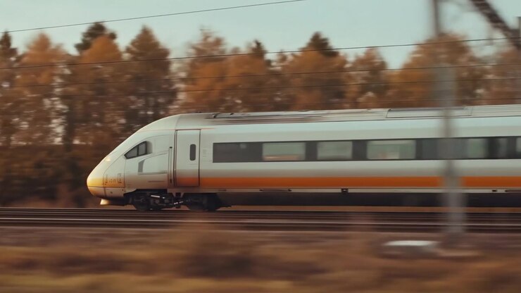 High-Speed Passenger Train Traveling Through Rural Landscape