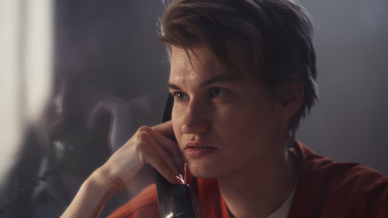 Female Inmate Speaking to Interrogator on Phone in Prison Visitation Booth