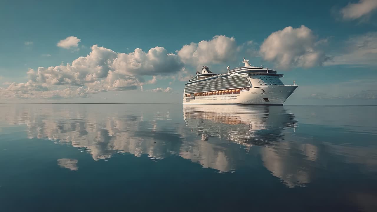 Et storslået krydstogtskib glider elegant hen over roligt vand og reflekterer den smukke himmel og skyer i et fredfyldt og roligt havlandskab