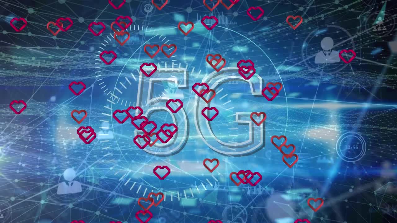 animación de corazones rojos, texto 5g y red de conexiones con iconos de personas