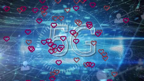 Animation-of-red-hearts,-5g-text-and-network-of-connections-with-people-icons