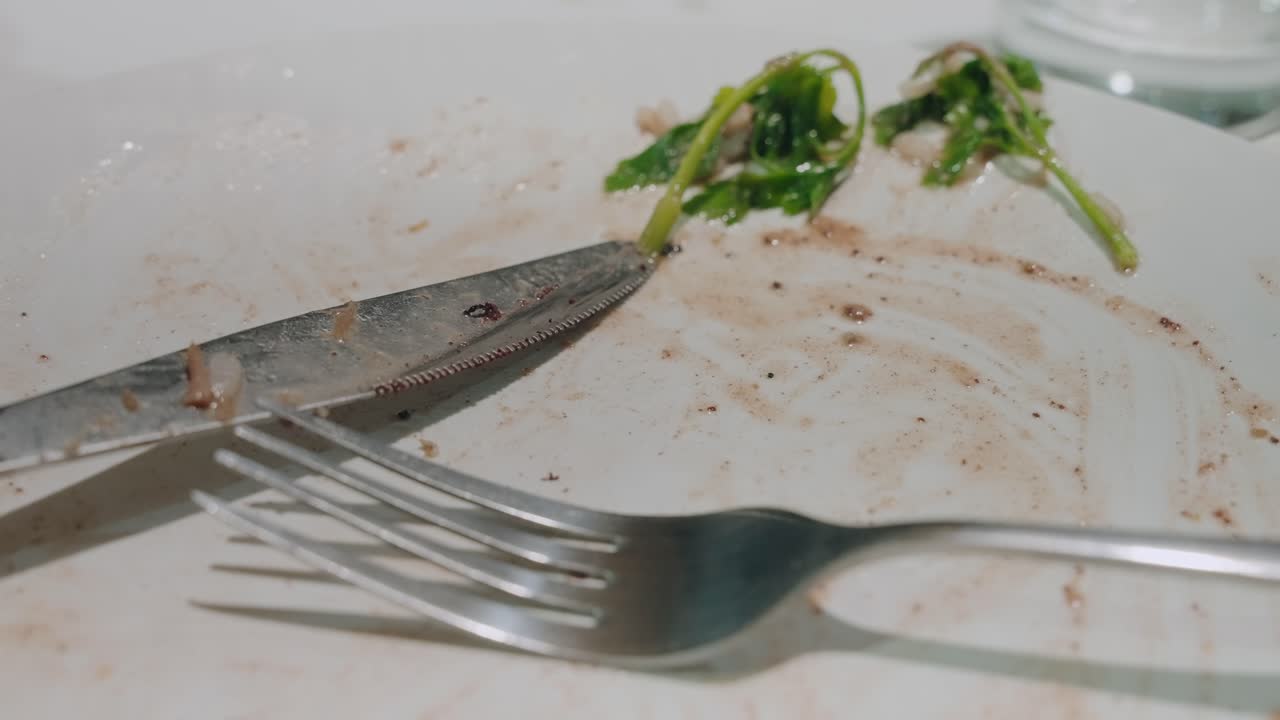 Nærbillede af tom tallerken med bestik og madrester