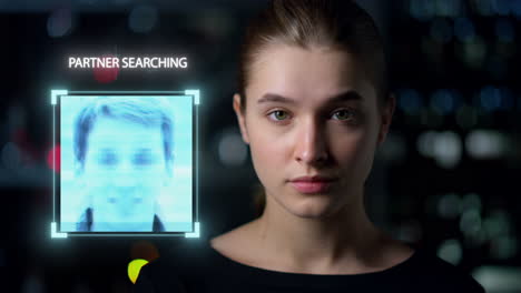 closeup face biometrical analysis match partner search collecting personal data.