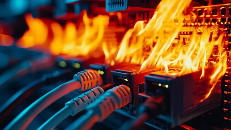 Un mucchio di cavi Ethernet in fiamme in una sala server