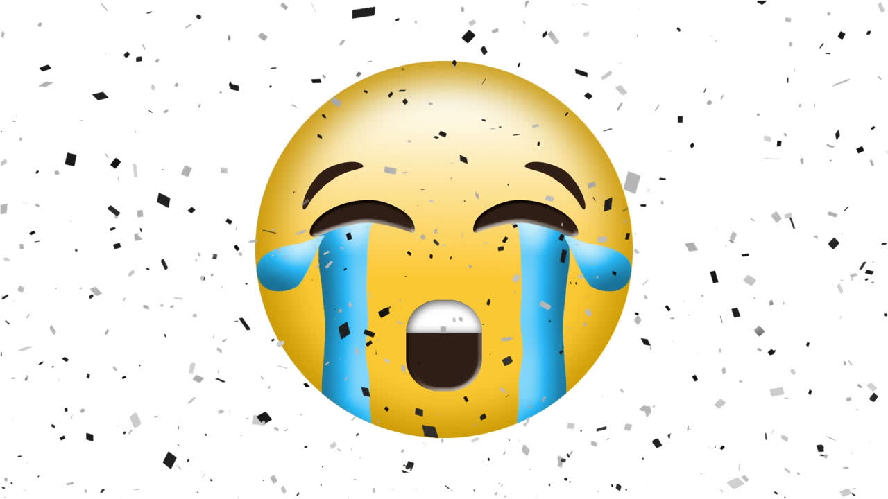 animación del icono de emoji triste sobre el confeti que cae