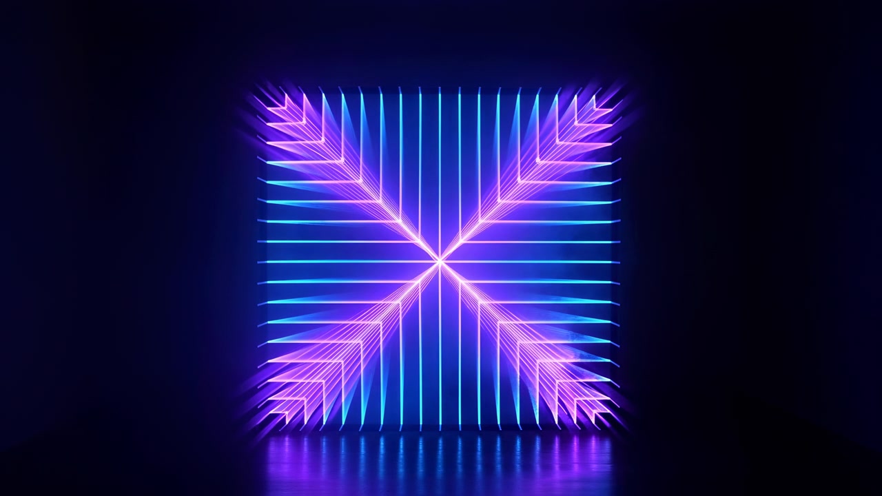 Symmetrical luminous lines change position and color around a bright central crossing, creating layered depth, sharp angular corners, and vivid reflections against a dark background.