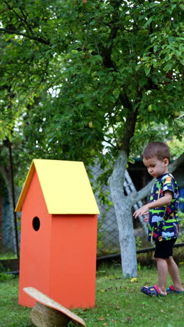 Lovely boy lifting a little wooden playhouse lying on the grass. Cute toddler spending time in the garden outdoors in summer. Vertical video.