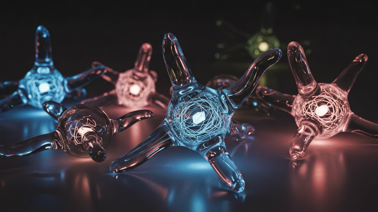 Intricate and Colorful Molecular Structures: A Close-Up View of Dynamic Shapes and Light Reflections in an Abstract Scientific Visualization of Atoms or Molecules