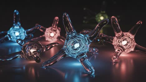 intricate and colorful molecular structures: a close-up view of dynamic shapes and light reflections in an abstract scientific visualization of atoms or molecules