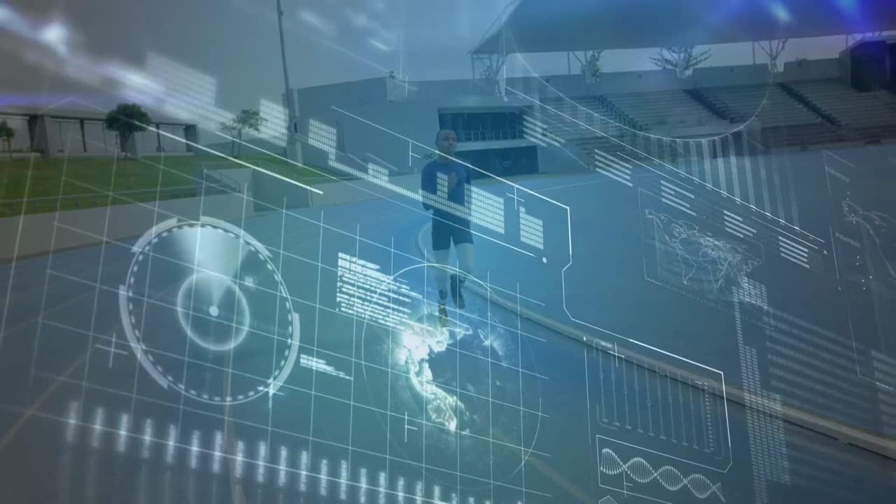 Animation of interface with data processing over man with prosthetic legs running on sports field