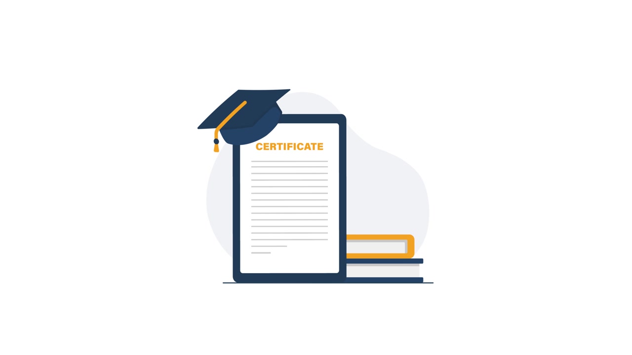 Animated Illustration of Digital Certificate, Graduation Cap, and Books