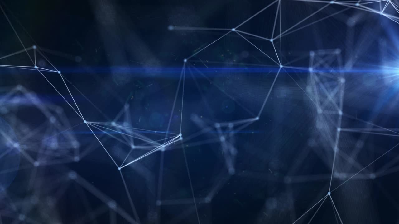 Abstract plexus geometrical shapes. Connection and web concept. Digital, communication and technology network background with moving lines and dots. Flickering star light. Color Blue