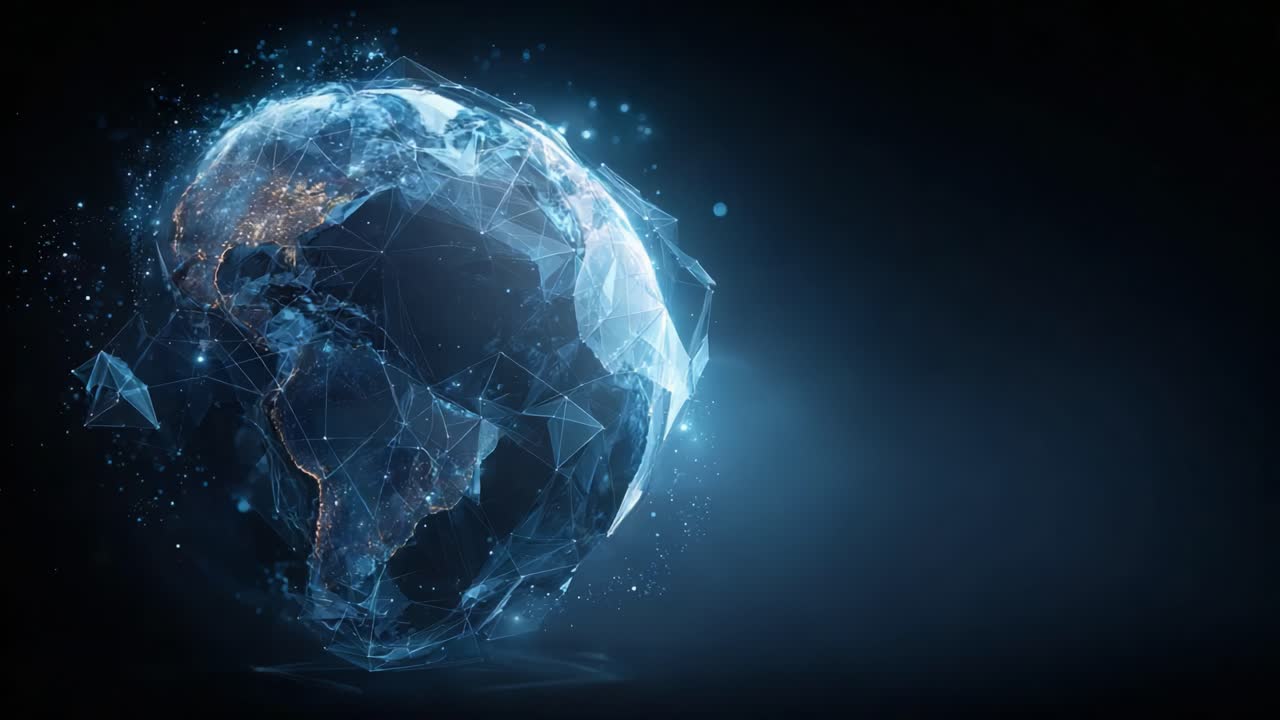 Et glimt av jorden: Overgang fra en digital gjengivelse av jordkloden med dynamisk belysning og fascinerende visuelle effekter, som viser kontinenter og hav