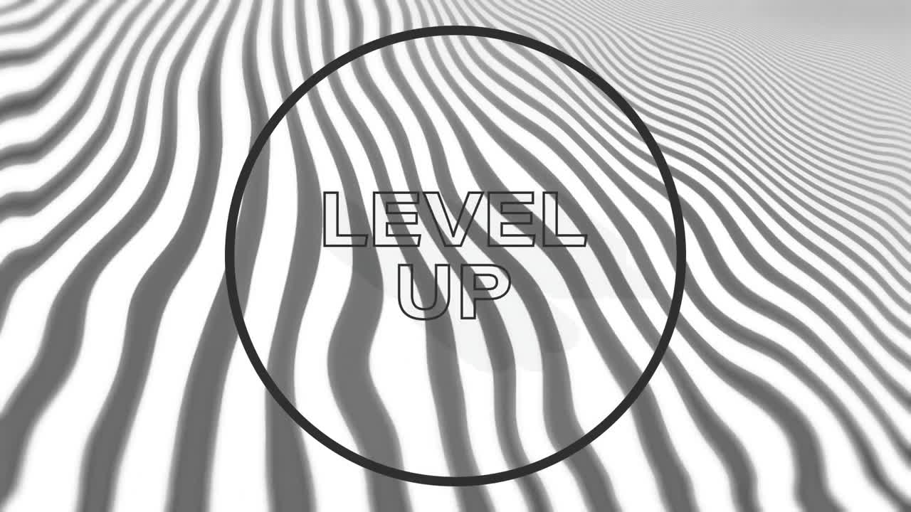 Animation of level up text in black circle outline over waving grey lines on white background