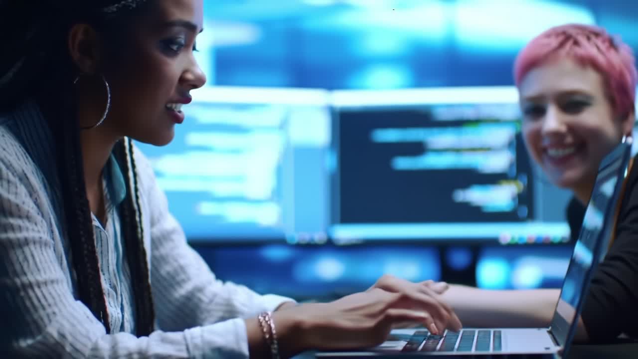 Focused Programmers Collaborating in a High-Tech Environment: A Glimpse into the World of Coding and Innovation with Engaged Female Developers