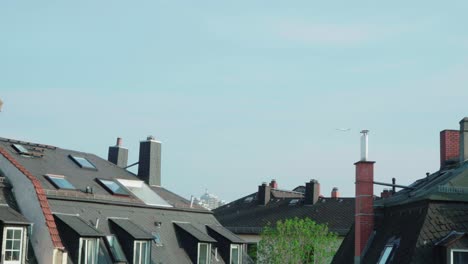 an airplane taking off behind the rooftop of houses