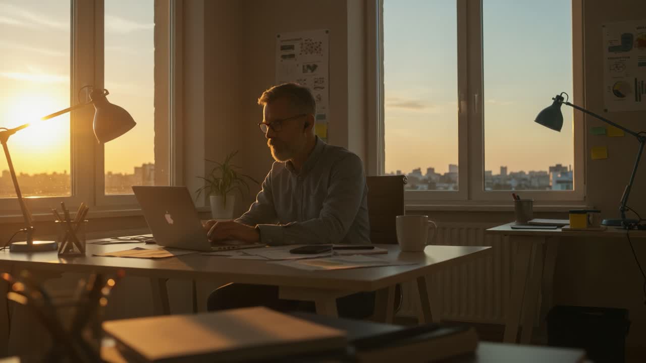 Ein konzentrierter Fachmann arbeitet an seinem Laptop in einer ruhigen Büroumgebung während des Sonnenuntergangs, was Produktivität und die Schönheit des Abendlichts am Arbeitsplatz hervorhebt